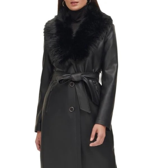 NWT Kenneth Cole New York Black Long Belted Faux Leather Coat w/ Fur Collar XS - Picture 1 of 5